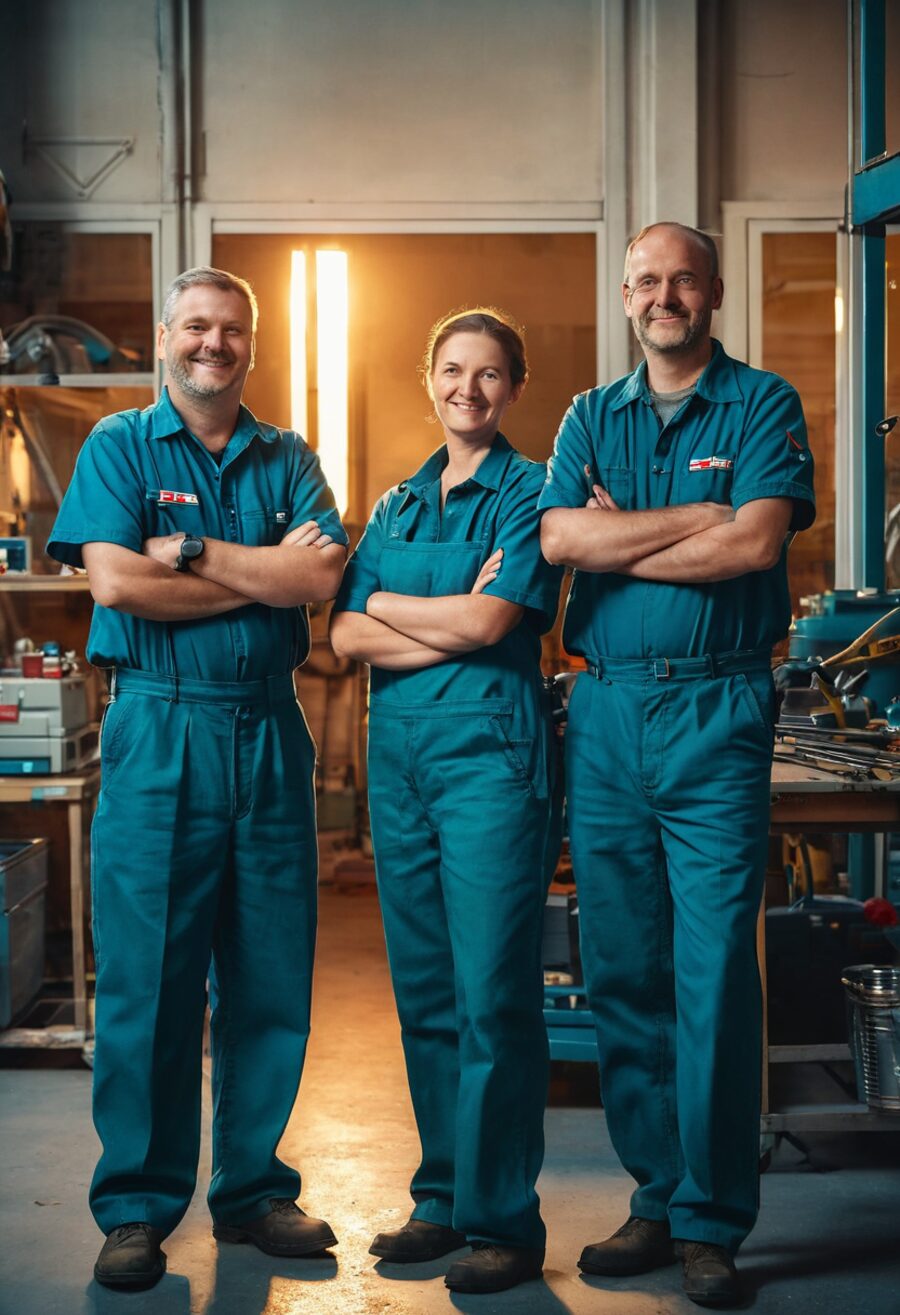 Das Team von First Hausservice in petrolblauer Arbeitskleidung vor der Werkstatt in Cham